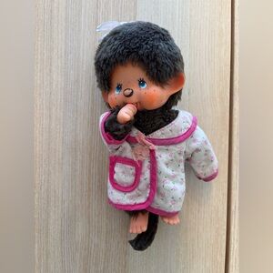 Vintage 1974 Monchichi monkey plush with floral pink robe (H)